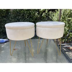 Lot Of 2 Round White Fabric Storage Ottoman/stool/footrest