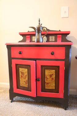 Refurbished Shogun Asian Inspired Antique Red And Black Cabinet Tea Sake Bar Cart On Wheels