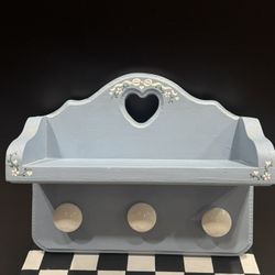 Vintage Blue Wooden wall shelf w/hand painted details, heart-shaped cutout and vintage knobs