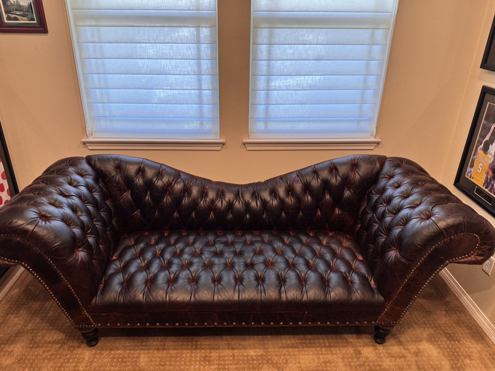 Large Oxblood Leather Nail Head Chesterfield Sofa