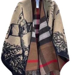 BURBERRY CHARLOTTE CAMEL WOOL SOLID CHECK REVERSIBLE PONCHO CAPE 140X140