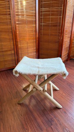 Real fur white wood foldable accent stool chair