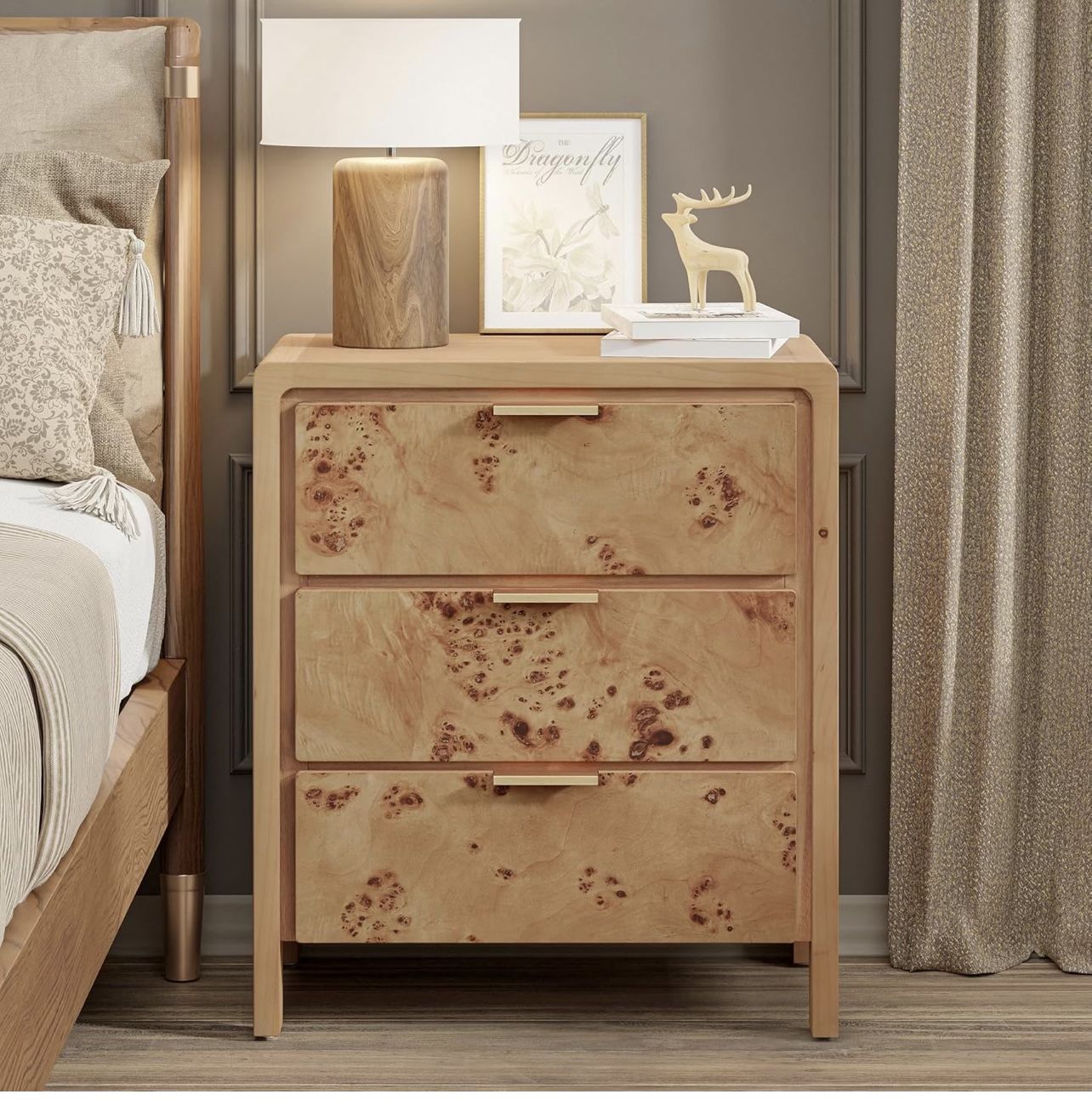 Burl Finish 3 Drawer Nightstand , Wood Rustic Farmhouse Dresser Chest of Drawer, Vintage Accent Storage Bedside Table for Bedroom, Fully Assembled,