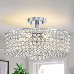 15.75 in. 5-Light Chrome Round Modern Semi-Flush Mount Ceiling Light with Beaded Drum Crystal Shade for Living Room