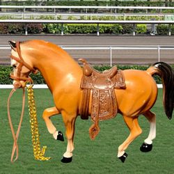Vintage 1970s Brown Plastic Western Toy Horse With Saddle & Chain Reins, 4.25”
