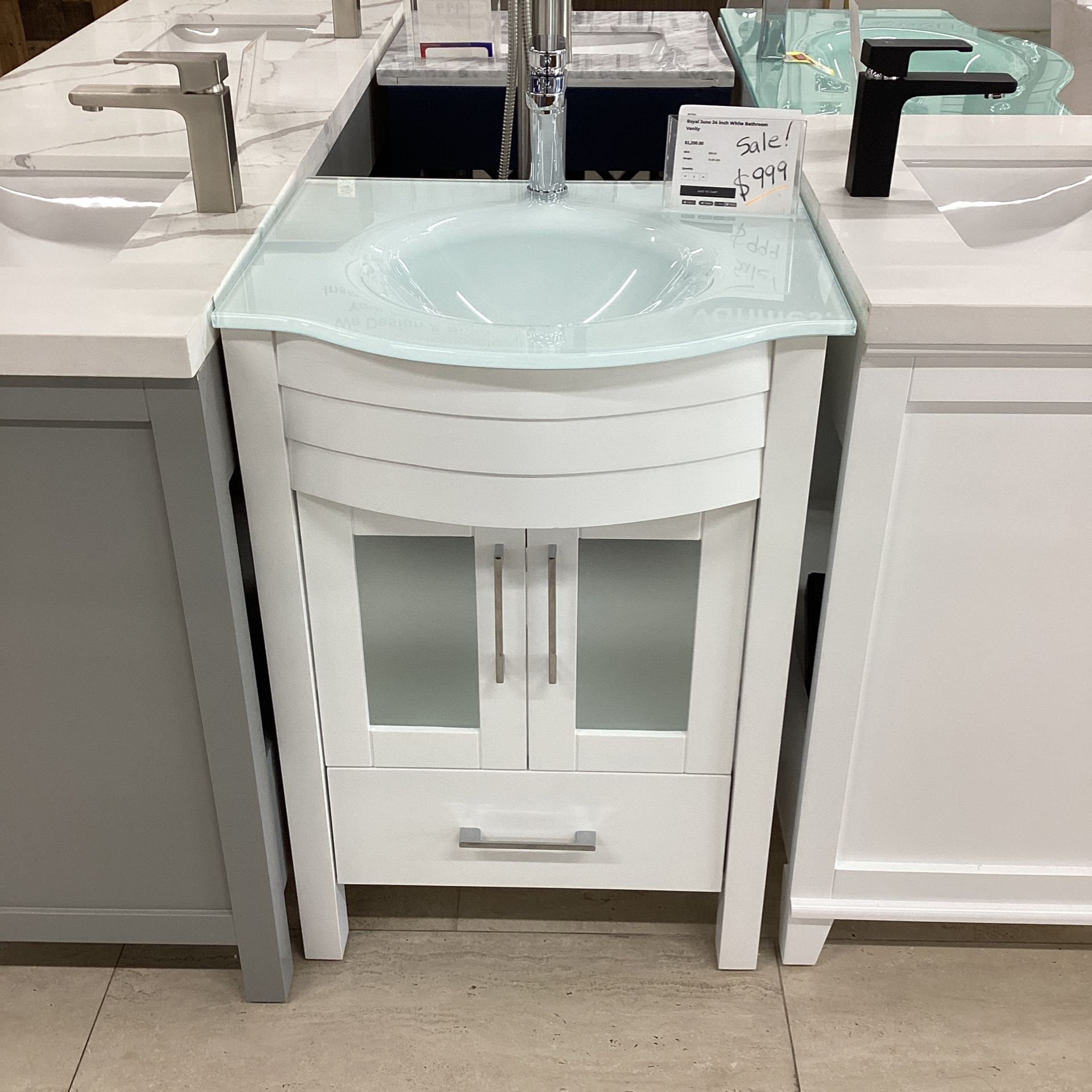 24” Royal Juno White Bathroom Vanity & Glass Countertop Chrome Handles & Faucet