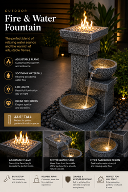 33.5” Outdoor Cascading Fire & Water Fountain with Adjustable Flame, LED Lighting & Clear Fire Glass