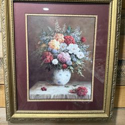 Beautiful Framed Art Vintage Jack Terry Victorian Style Art With Flowers in Vase Still Life #2  approx 28” x 24”  Rich Colors - perfect to center on a