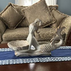 Antique gold accent ceramic mermaid candy dish artificial planter