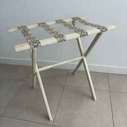Vintage Folding Wood Luggage Rack with Tapestry Fabric Straps