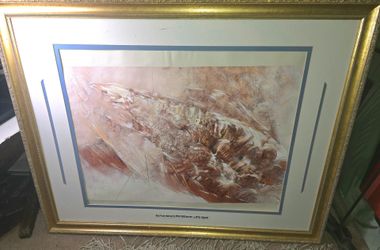 Ryszard Mamis, Poland, "Salmon Run" 1995 mixed media, Framed 34"x 43.5"