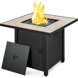30" Propane Gas Fire Pit Table 50,000 BTU Square Gas Fire Table with Ceramic Tabletop and Blue Fire Glass for Outdoor/Patio with Rattan Pattern Steel