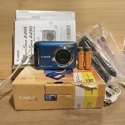 Canon Powershot A495 Blue Digital Camera w/Accessories - Tested Works  Flash, zoom, photo and video all working. Includes batteries, memory card, box,