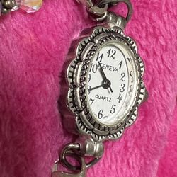 Geneva 925 Sterling Silver And Beautiful Crystal Bracelet Watch Vintage
