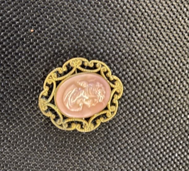 Antique Pink Glass Cameo Brooch C Clasp Brass Setting