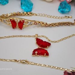 Butterflies Set Chain With Bracelet Gold-plated Red Stones 