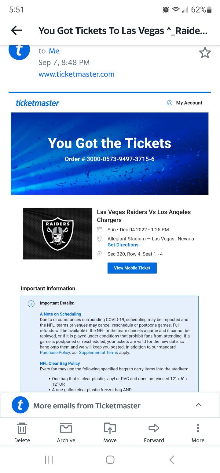 4 Raider vs Chargers Tickets 12/4