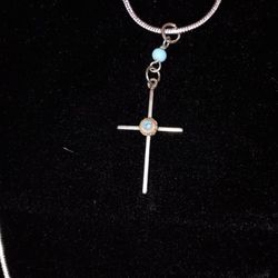 Solid 925 antique cross dangle pendant w/ turquoise on .925 2mm 20" snake chain
