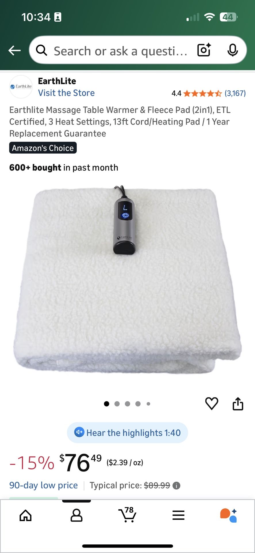 Earthlite Massage Table Warmer & Fleece Pad (2in1), ETL Certified, 3 Heat Settings, 13ft Cord/Heating Pad / 1 Year Replacement Guarantee