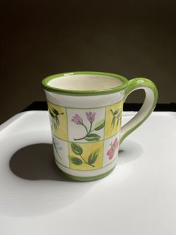 Handpainted Floral Patchwork Ceramic Mug with Green Rim