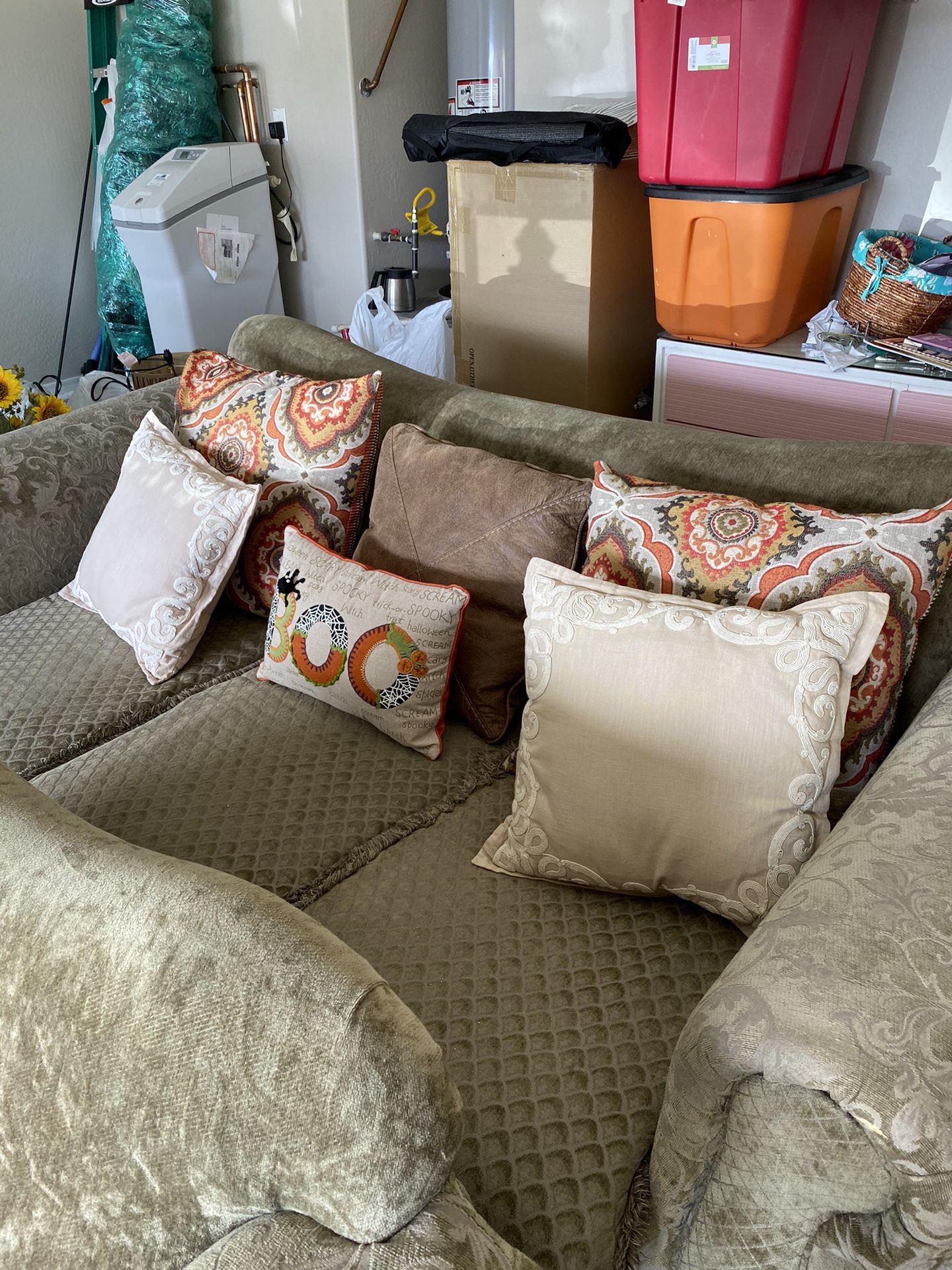 Couch, over-sized chair, pillows, and ottoman 🥰 Garage sale Saturday!! Msg for address!!