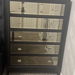 Set Of 2 - Black Wooden 5 Drawer Gold Mirrored Chest Dresser Drawers