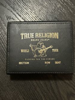 True Religion Men's Leather Bifold Wallet with Desk Valet and RFID Protection - Black