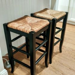 Pair of 2 Black Solid Wood  Kitchen Bar Height Backless Bar Stool Woven Wicker Rattan Seat Chairs
