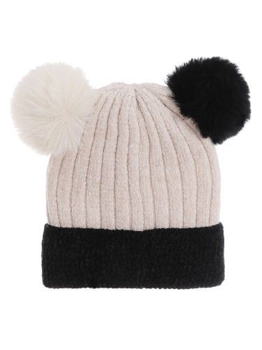 Beige and Black 2-Toned Faux Fur Lined Beanie Pom Pom Hat