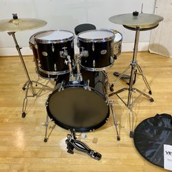 Silvertone complete 5 piece drum set 22 12 13 16 14” mixed cymbals stands new throne $350 cash in Ontario 91762 good condition sticks key cymbal bag. 