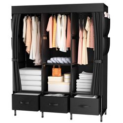 Portable Closet Wardrobe For Hanging Clothes With 3 Hanging Rods And 9 Storage Organizer Shelves