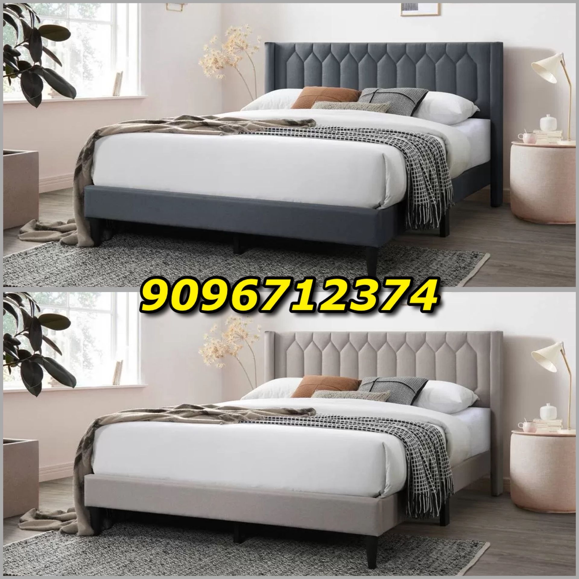 Queen Grey Burlap Button Tufted Bed w. Orthopedic Mattress Included