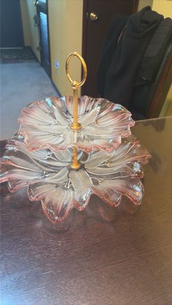 2-Tier Pink Glass Serving Tray with Gold Handle