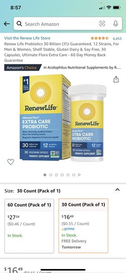 Renew Life Probiotics 30 Billion CFU Guaranteed, 12 Strains, For Men & Women, Shelf Stable, Gluten Dairy & Soy Free, 30 Capsules