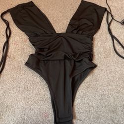 New Medium Bodysuit Black Deep V Neck