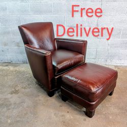 Crate and Barrel Briarwood Leather Club Chair & Ottoman Free Delivery