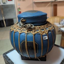 Vintage Blue Painted Wooden Ginger Jar With Wicker Basket Asian Decor Storage
