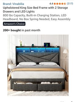 Upholstered King Size Bed Frame with 2 Storage Drawers and LED Lights
800 lbs Capacity, Built‑in Charging Station, LED Headboard, No Box Spring Needed