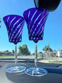 Two (x2) Ajka Crystal 8.25” Cobalt Blue Cut To Clear Cordial Glass Made In Hungary. BEAUTIFUL CONDITION!...asking $40.00
