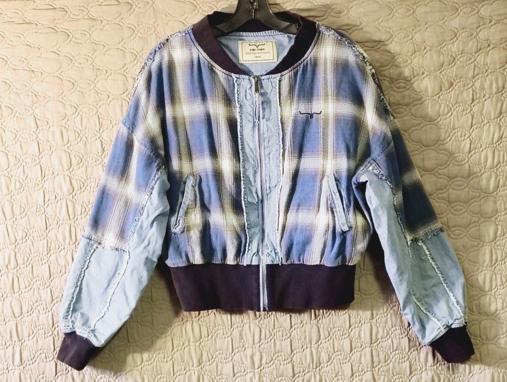 Kimes Ranch L Denim Plaid Patchwork Western Bomber Jacket