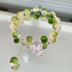 Cracked Crystal Beaded Bracelet with Butterfly Charm Dark Green Elegant Fashion