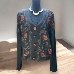 Carole Little Knitwear Vintage Cardigan Sweater Embroidered floral black Medium