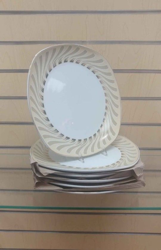 6pc _ Porcelain Dinner Plates set _ Beige / Gold ( NEW ) dinnerware, kitchenware