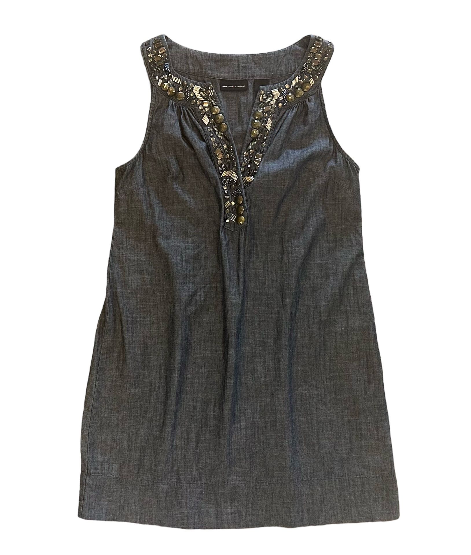 New York & Company Women's Size Small Denim Dress Sleeveless 100% Cotton Jeweled