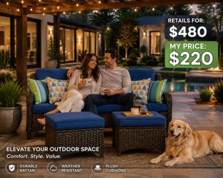 OVIOS 3-piece Patio Wicker Sofa with Ottomans - Navy Blue-Brown Wicker