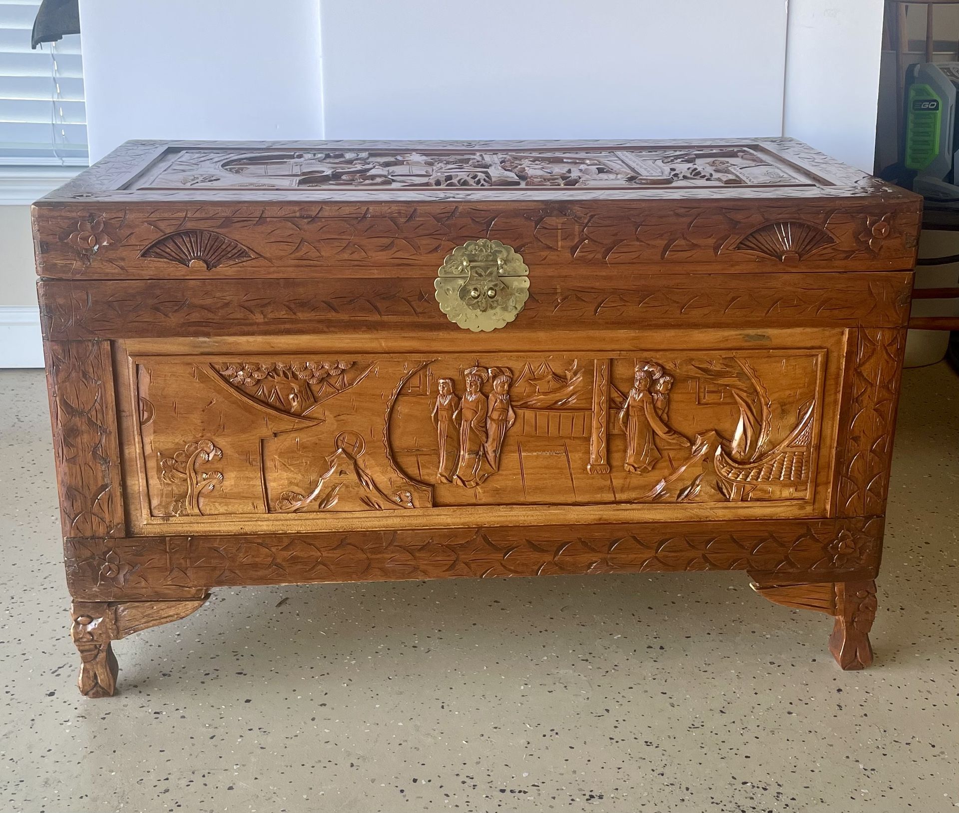 Vintage Chinese Carved Camphor Wood Chest Trunk