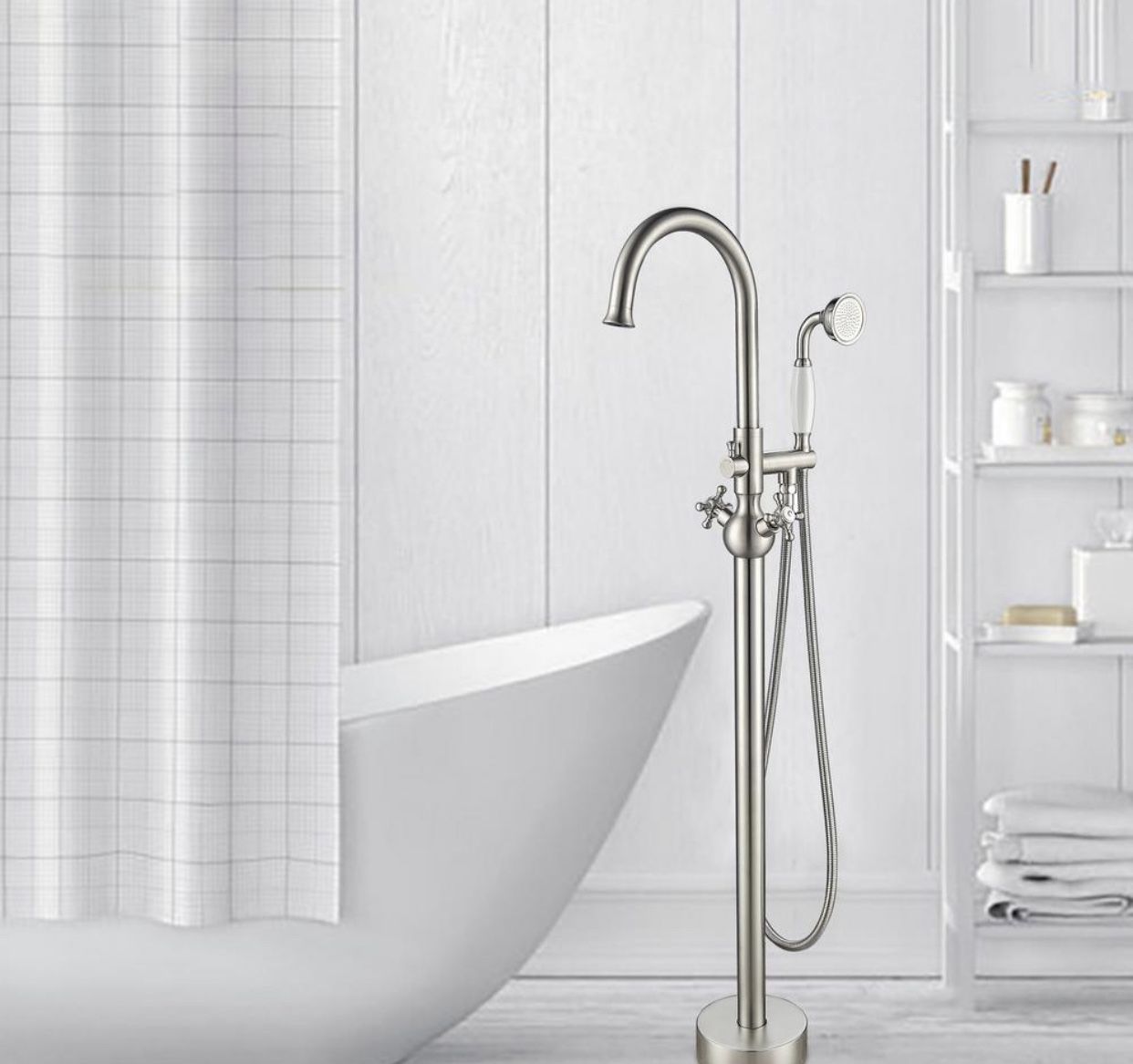 Vanity Art 48 in. H x 12 in. W Single Handle Claw Foot Tub Faucet with Hand Shower in Brushed Nickel