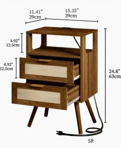 Rattan Nightstand with Charging Station, Farmhouse Bedside Table with 2 Storage Drawer and Open Wood Shelf, for Bedroom and Small SpReg.Retail $64.99