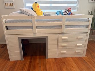 White Kids Low Loft Bed with Storage Drawers