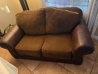 Brown Leather & Microfiber Sofa + Loveseat Set with Accent Pillows